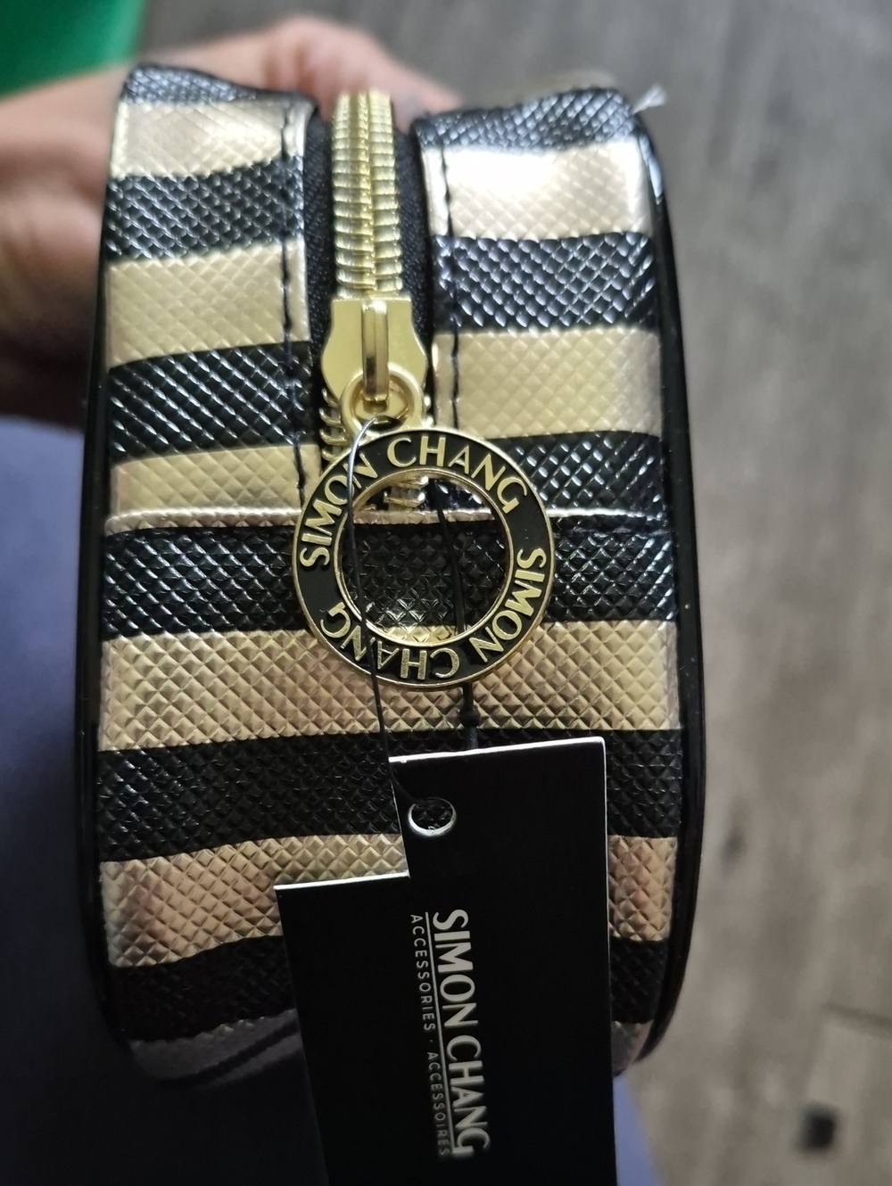 NWT! Simon Chang Black and Gold Striped Makeup Pouch with Branded Pull
